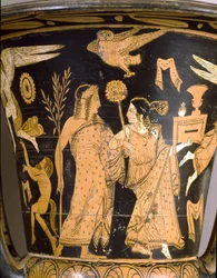 Etruscan antiquity: bell krater depicting the destruction of Troy: detail depicting Dionysus and Ariadne. From Falerii Veteres (Civita Castellana). 350-300 BC. Rome, Museo Nazionale di Villa Giulia