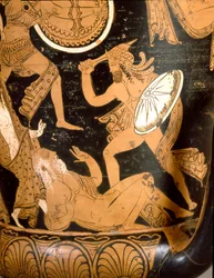 Etruscan antiquity: bell krater representing the destruction of Troy: detail representing Priam killed by Neoptolemus. From Falerii Veteres (Civita Castellana). 350-300 BC. Rome, Museo Nazionale di Villa Giulia