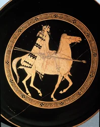 Etruscan antiquity: detail of a kylix depicting a rider. From Falerii Veteres (Civita Castellana), 5th century BC. Rome, Museo Nazionale di Villa Giulia