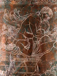 Etruscan art: detail of the bronze Ficoroni Cista depicting the legend of the Argonauts: the ship Argo. From Praeneste (Palestrina). 340 BC. Museo Nazionale di Villa Giulia, Rome