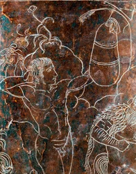 Etruscan art: detail of the bronze Ficoroni Cista representing the legend of the Argonauts: an Argonaut training in boxing. From Praeneste (Palestrina). 340 BC. Museo Nazionale di Villa Giulia, Rome
