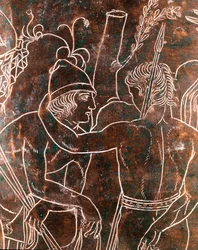 Etruscan art: detail of the bronze Ficoroni Cista representing the legend of the Argonauts. From Praeneste (Palestrina). 340 BC. Museo Nazionale di Villa Giulia, Rome