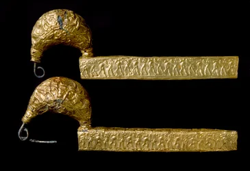 Etruscan art: fibules (pins) in gold. 630 BC. From the tomb of the Licteur (Littore) a Vetulonia (or Vetulonium). Dim. 21 cm Florence, Museo Archeologico