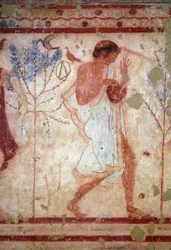 Etruscan art: frescoes depicting banquet scenes, (detail) depicting a lyre player. Tomb of the Triclinium. 5th century BC. National Archaeological Museum of Tarquinia Italy