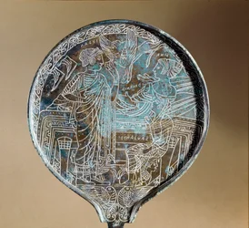 Etruscan Art: Mirror Back in Bronze: Aphrodite Persuades Helen to Follow Paris to Troy. 5th Century BC. Rome, Museo Nazionale di Villa Giulia