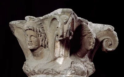 Etruscan civilization: decorated column capitals from the tomb Campanari a Vulci, Italy. End 4th, beginning 3rd century BC. Florence, Museo Archeologico