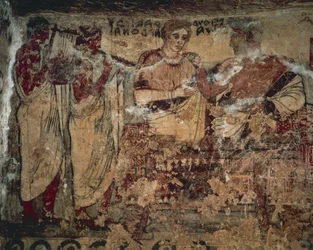 Fresco Depicting Funerary Banquet of Velthur Velcha with Wife Ravnthu Aprthnei Entertained by Two Musicians