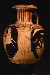 Hydria by the Painter of the Biga Vaticana, showing detail of the aedicule with painter at work