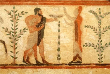 Man and child before the dead Heroisee, from the Tomb of the Baron