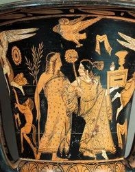 Red-figure pottery, Krater, crowned Dionysus and Ariadne, from Civita Castellana, ancient Falerii, Rome province, Italy (detail)