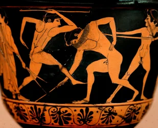 Pyxis Decorated with a Palestra Scene, Athletes Practicing Javelin Throwing, Cerveteri, Rome, Museo di Villa Giulia