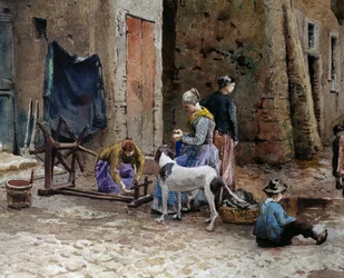 Women concentrating on spinning, detail of old houses in Lungaretta in Rome (detail)