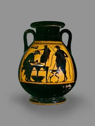 Attic Black-Figure Pelike Decorated with a Scene of a Shoemaker Cutting Leather for a Shoe