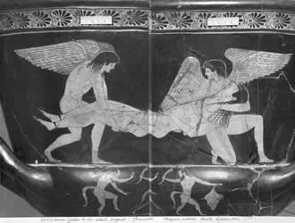 Attic red-figure calyx krater depicting Hypnos and Thanatos carrying the body of Sarpedon