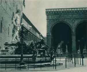 Fountain of Neptune by Bartolomeo Ammanati and the Loggia dei Lanzi, Florence, Italy, 1927