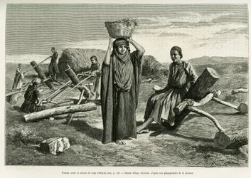 Arab woman and sawers of long ten foulis. Engraving by Eugene Girardet, to illustrate the story 
