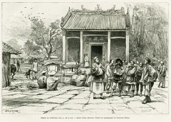 Conferences Pagoda, Monkay (engraving by Eugene Burnand, to illustrate the story Sur les frontières du Tonkin, by Doctor P.Neiss, in le tour du monde 1888)