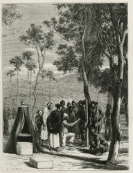 Dr. Harmand proceeds with anthropological measurements on the indigenous Khas (Engraving by Eugene Burnand)