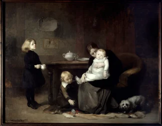 The Sick Child: A widowed mother kissing her sick baby. 1885. Sun. 2 x 2.46 m. Paris, Musée d