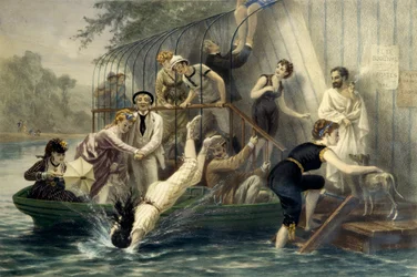 Ah! The beautiful head, a Sunday by the water. Woman diving in a swimsuit in the water in the 19th century under the laughter of amused sailors. A woman in a boat protects herself from scratches with her umbrella. Engraving by Eugene Guerard. Private Colle