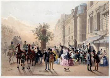 Boulevard des Italians, Cafe Tortoni in Paris in the 19th century (Engraving by Eugene Guerard)