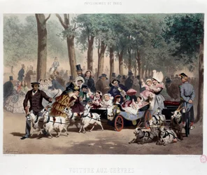 Walk by car in the Tuileries Garden in Paris in the 19th century