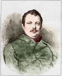 Portrait of Honore Balzac in 1830, French writer. Engraving by Eugene Chiquet