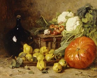 A Still Life with a Wine Flagon, a Basket, Pears, Onions, Cauliflowers, Cabbages, Garlic and a Pumpkin