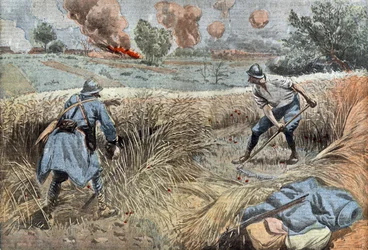 A French gunner scything wheat to kill Germans, drawing by Damblans from French paper 