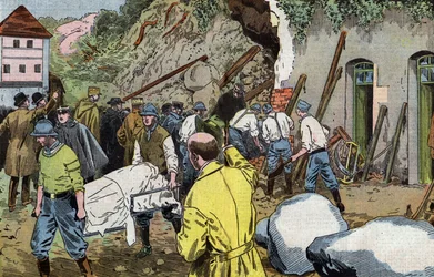 Body of American general Dunlop dead because he rescued Mrs Briant under collapse of outbuildings of Fariniere castle (France) drawing by Damblans from French paper "Le Pelerin" June 7