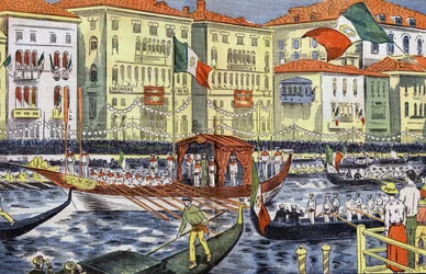 Celebration in Venice in honour of prince and princess of Piemont, drawing by Damblans from paper "Le Pelerin" September 25