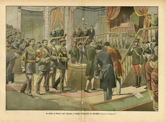 Illustration of Eugene Damblans (1865-1945) in Le Pelerin, 03/04/04 - In Japan, Mikado Presiding Over the Opening Session of Parliament