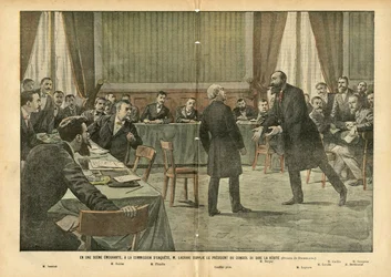 Illustration of Eugene Damblans (1865-1945) in Le Pelerin, 03/07/04 - In a Moving Scene, at the Commission of Inquiry, M. Lagrave Begged the President of the Council to Tell the Truth