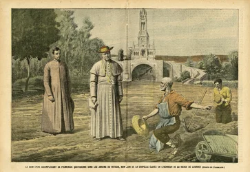 Illustration of Eugene Damblans in Le Pelerin, 20/08/05 - The Holy Father performing his daily walk in the gardens of the Vatican, not far from the chapel raised in honor of the Virgin of Lourdes - Religion Faith, Agriculture, Vatican, Catholic