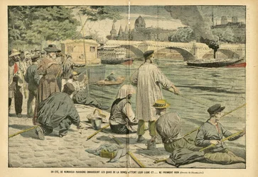 Illustration of Eugene Damblans in Le Pelerin, 23/06/05 - In summer, many Parisians invade the banks of the Seine and throw their line and... take nothing