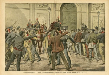Illustration of Eugene Damblans (1865-1945) in Le Pelerin, 26/11/05 - The Strike of the Arsenals in Toulon, the Strikers Try to Oppose the Rent of Their Comrades