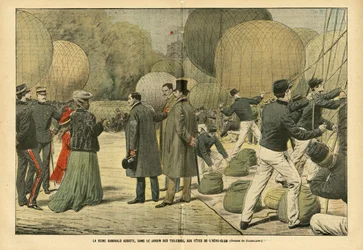 Queen Ranavalo attends, in the Tuileries Garden, the Aero-Club party - Balloons airships zeppelins aerostation, Paris, Madagascar, Public Garden, Foreign Sovereigners, Tuileries