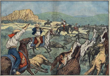Mexican Farmers Shooting Wild Horses to Avoid Food Crunch. El Paso Plains, Mexico. Illustration of Damblans. In Le Pelerin of October 6