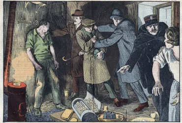 Police surprise in Paris skiers who sank in their crucible for several million gold and silver coins. Illustration of Damblans. In “Le Pelerin” of February 28