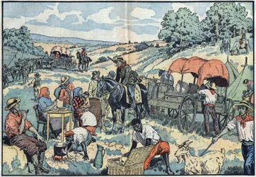 Population migration in Africa: 2000 Boers leave the Portuguese colony of Angola by carriage to the more fertile regions of South Africa. Illustration of Damblans in Le Pelerin of September 30