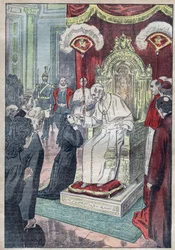 Saint Therese of the Child Jesus (or Lisieux 1873-1897) still a young girl at the feet of Pope Leon XIII, she obtained to enter Carmel at the age of fifteen in 1888 - illustration of Damblans of 1923