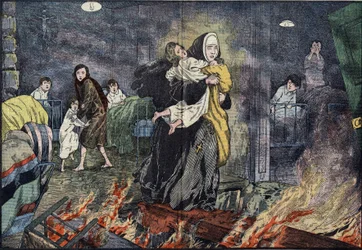 Sister Marie Gabrielle rescuing a child during the fire of the orphanage of Bernards Ville, in the United States. Illustration of Damblans in 