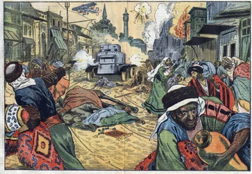 The Druze looted the streets of Damascus during the attack on the city by planes and a self-machine gun of French troops of General Maurice Sarrail. Illustration of Damblans. In “Le Pelerin” of November 15