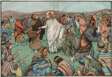 The Multiplication of Loaves: Jesus Christ Satisfies the Population by Multiplying Five Loaves and Two Fish. Illustration of Damblans. In Le Pelerin of March 18