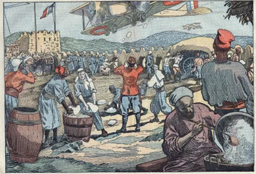 War in Morocco: French planes supply ice to a blockhouse siege by dissident Moroccans. Illustration of Damblans. In “Le Pelerin” of May 24