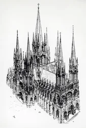 Isometric View of Ideal Cathedral, drawing by Eugene Emmanuel Viollet-le-Duc from Dictionary of French Architecture from 11th to 16th Century