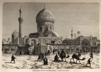 The Marche Square and the Ahmet Khiaia Mosque in Baghdad, drawing by Eugene Flandin, to illustrate his journey to Mesopotamia in 1840-1842. Engraving in Le tour du monde 1861