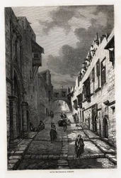 The rue des chevaliers, in Rhodes, drawing by Eugene Flandin, to illustrate his journey to the island of Rhodes in 1844. Engraving in Le tour du monde, edited by Edouard Charton