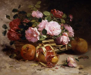Still Life of Pink Roses and Pomegranates