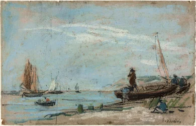 Beach with Fishing Boats (recto); Landscape with Farmer Plowing a Field (verso)